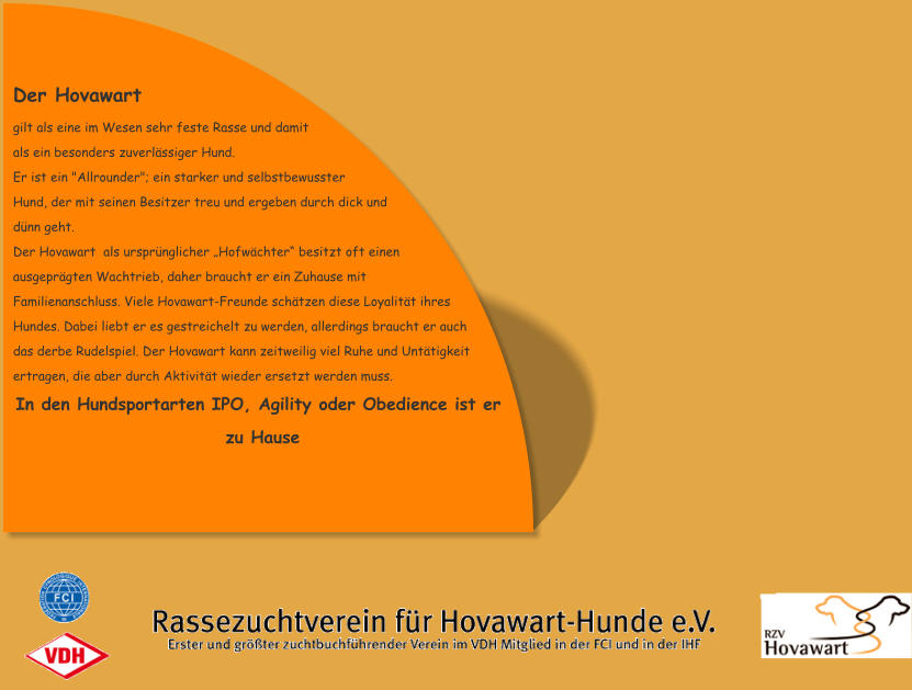 Der Hovawart gilt als eine im Wesen sehr feste Rasse und damit als ein besonders zuverlässiger Hund.  Er ist ein "Allrounder"; ein starker und selbstbewusster Hund, der mit seinen Besitzer treu und ergeben durch dick und dünn geht.  Der Hovawart  als ursprünglicher „Hofwächter“ besitzt oft einen ausgeprägten Wachtrieb, daher braucht er ein Zuhause mit Familienanschluss. Viele Hovawart-Freunde schätzen diese Loyalität ihres Hundes. Dabei liebt er es gestreichelt zu werden, allerdings braucht er auch das derbe Rudelspiel. Der Hovawart kann zeitweilig viel Ruhe und Untätigkeit ertragen, die aber durch Aktivität wieder ersetzt werden muss.  In den Hundsportarten IPO, Agility oder Obedience ist er zu Hause